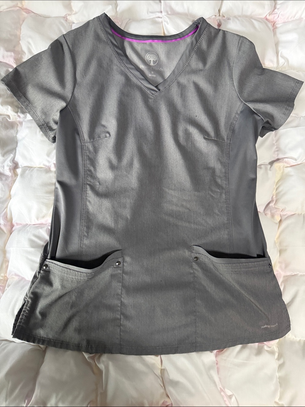 healing hands Gray V-Neck Scrub Top with Pocket Accents